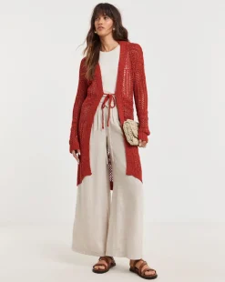 Terracotta Tie Front Maxi Cardigan