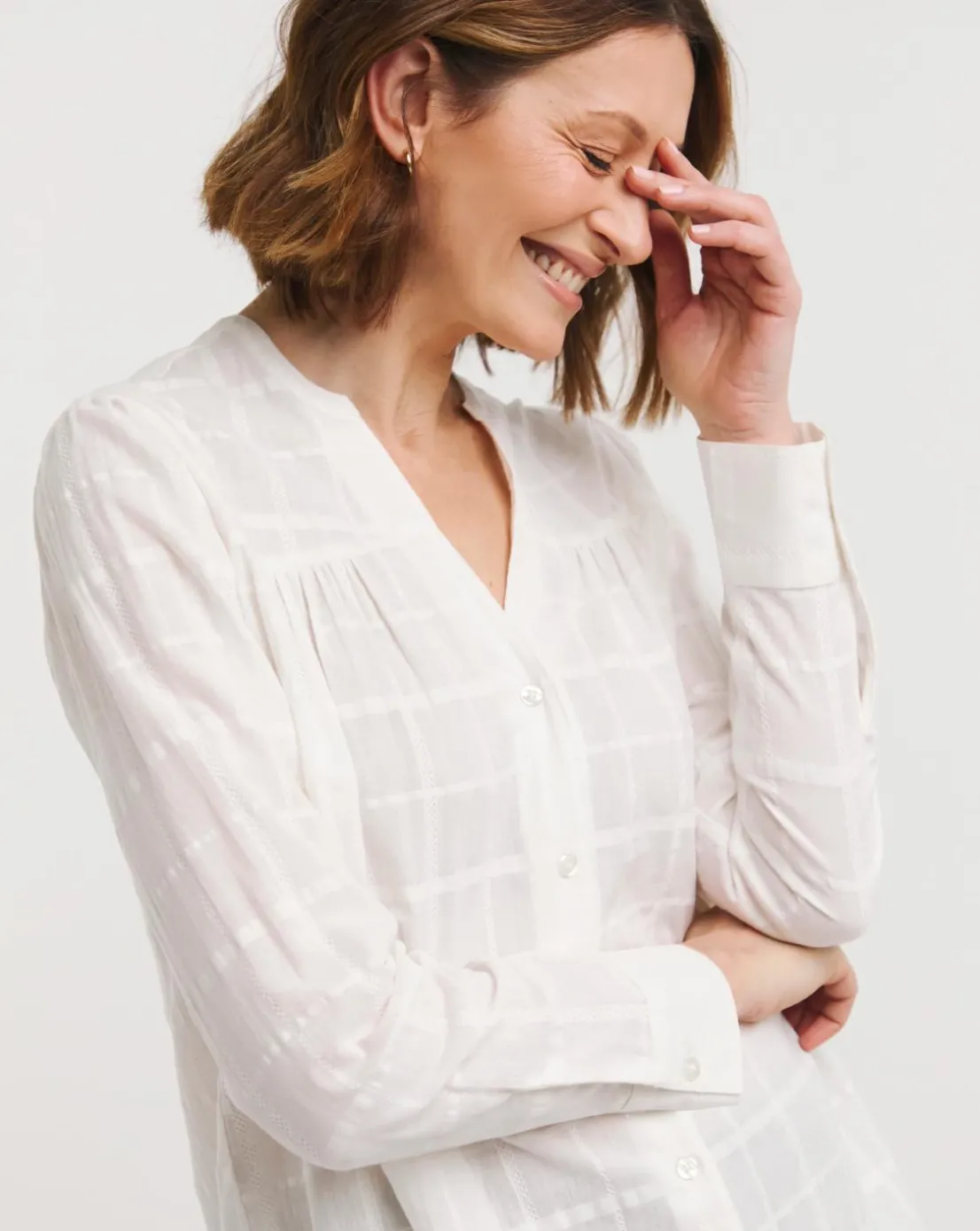 Textured Check Collarless Blouse