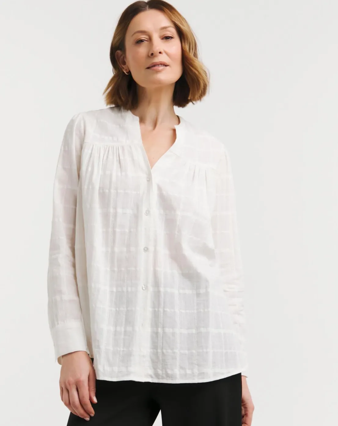 Textured Check Collarless Blouse