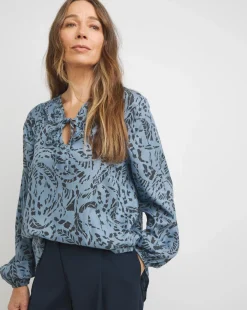 Tie Detail Ruched Long Sleeve Blouse - Blue Abstract