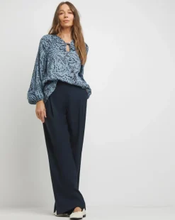 Tie Detail Ruched Long Sleeve Blouse - Blue Abstract