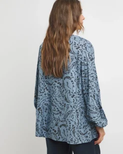 Tie Detail Ruched Long Sleeve Blouse - Blue Abstract