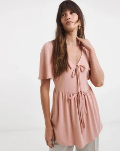 Tie Front Angel Sleeve Longline Top