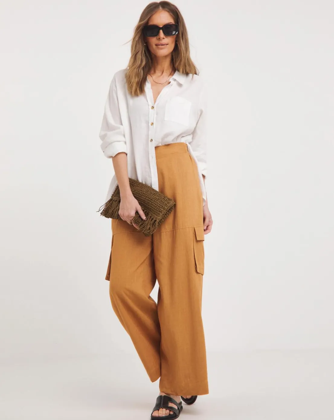 Tobacco Linen Wide Leg Utility Trousers