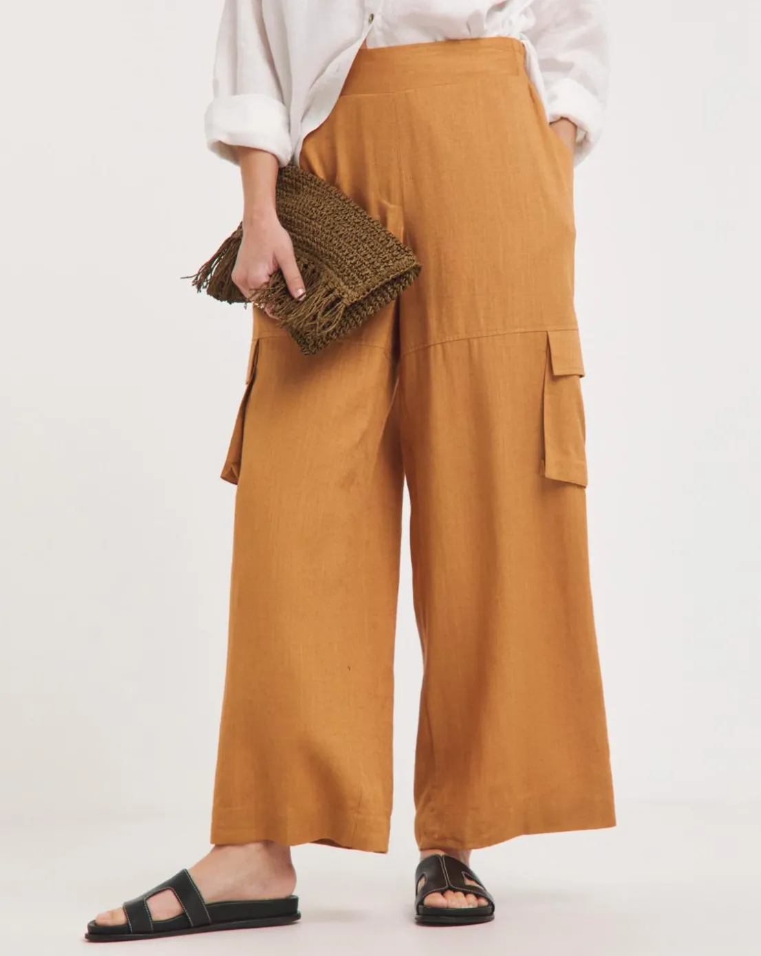 Tobacco Linen Wide Leg Utility Trousers