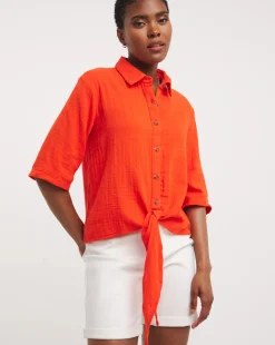 Tomato Cheesecloth Tie Front Shirt