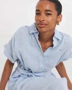 Tommy Hilfiger Linen Belted Short Sleeve Midi Dress