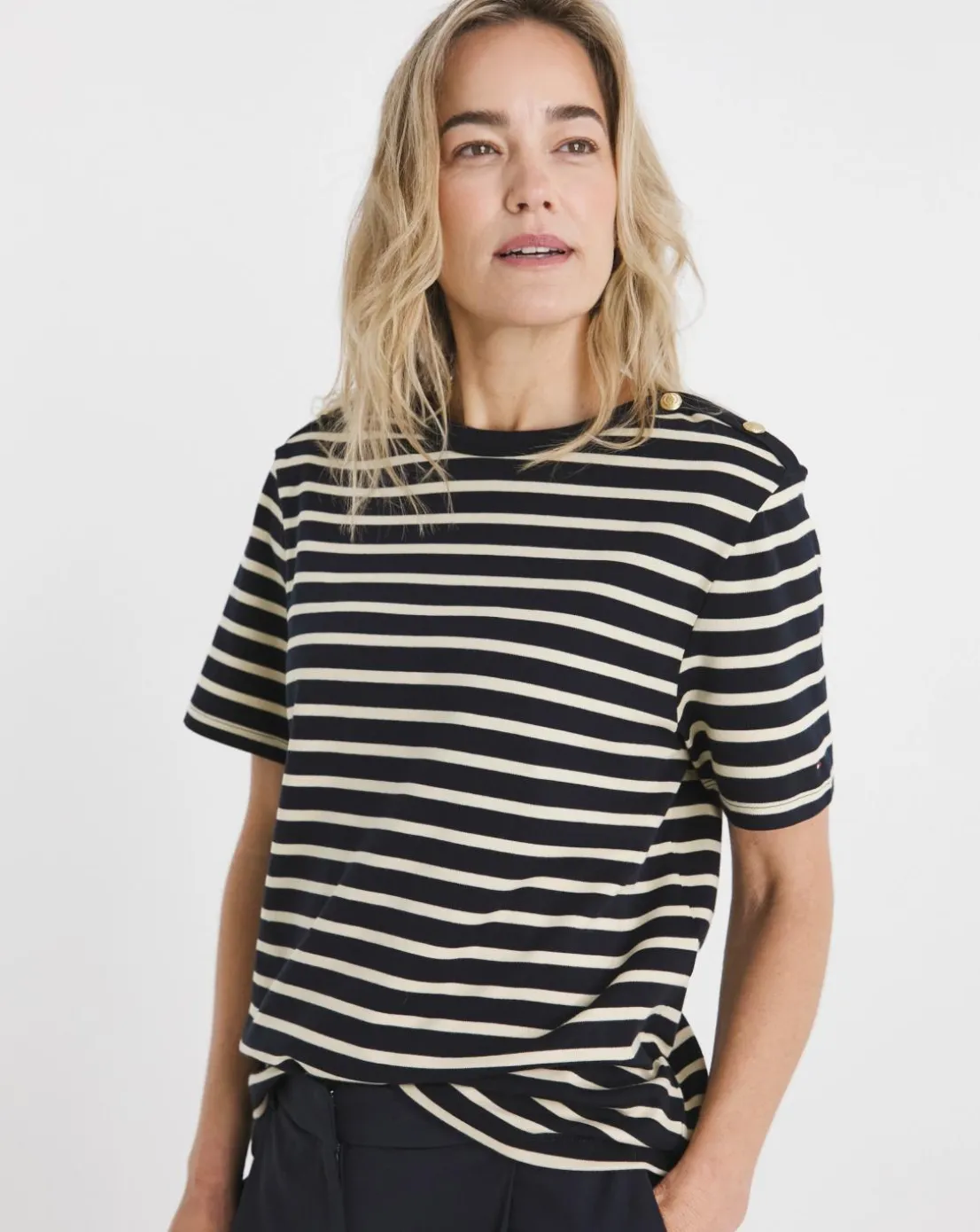 Tommy Hilfiger Stripe Gold Button Crew Neck Short Sleeve T- Shirt