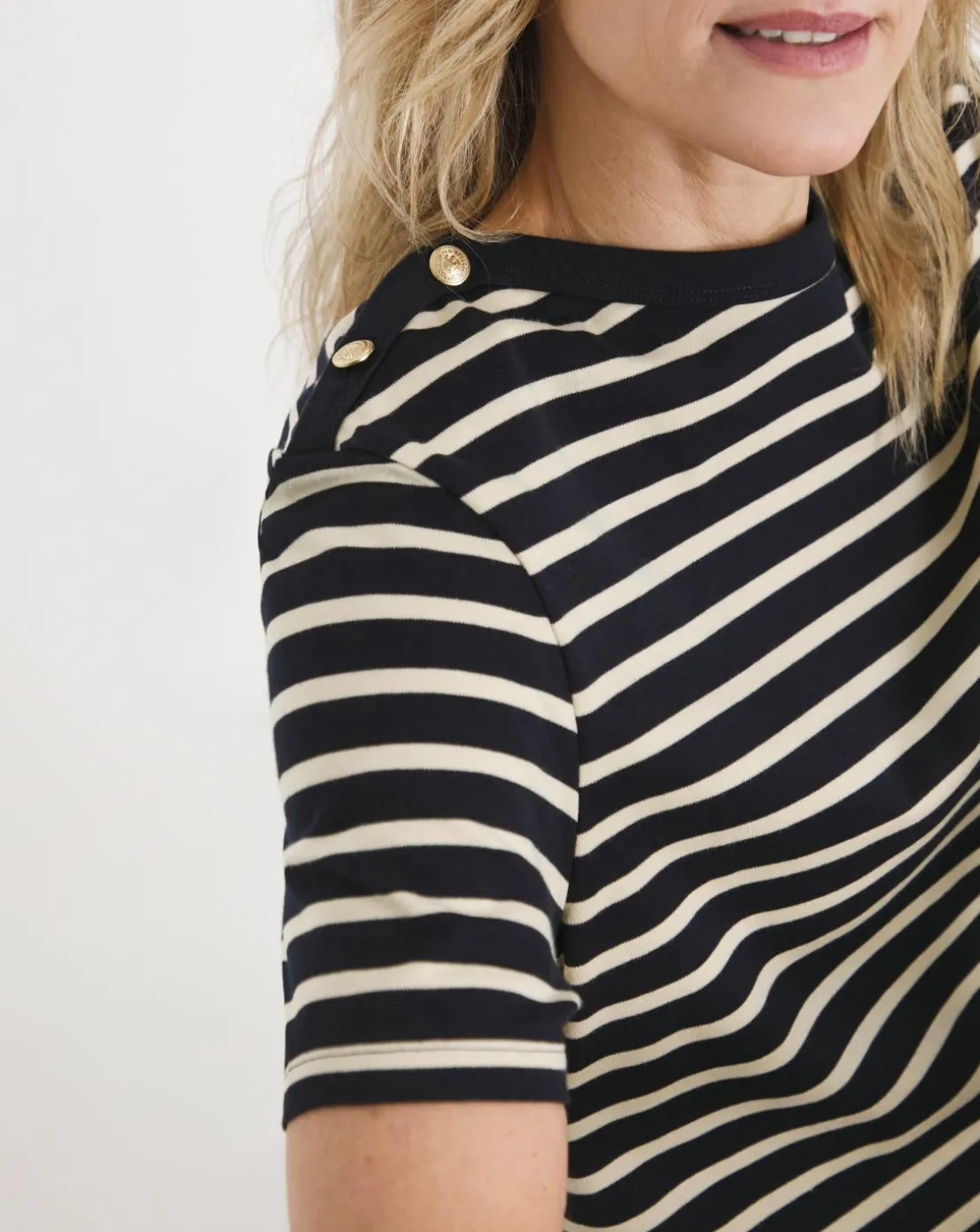 Tommy Hilfiger Stripe Gold Button Crew Neck Short Sleeve T- Shirt