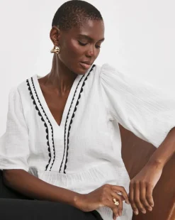 Trim Detail Pure Cotton Textured Short Sleeve Smock Top