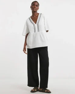 Trim Detail Pure Cotton Textured Short Sleeve Smock Top