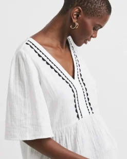 Trim Detail Pure Cotton Textured Short Sleeve Smock Top