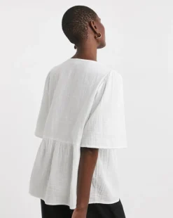 Trim Detail Pure Cotton Textured Short Sleeve Smock Top