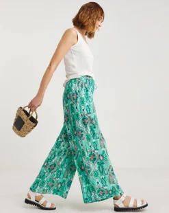 Turquoise Print Crinkle Palazzo Trousers