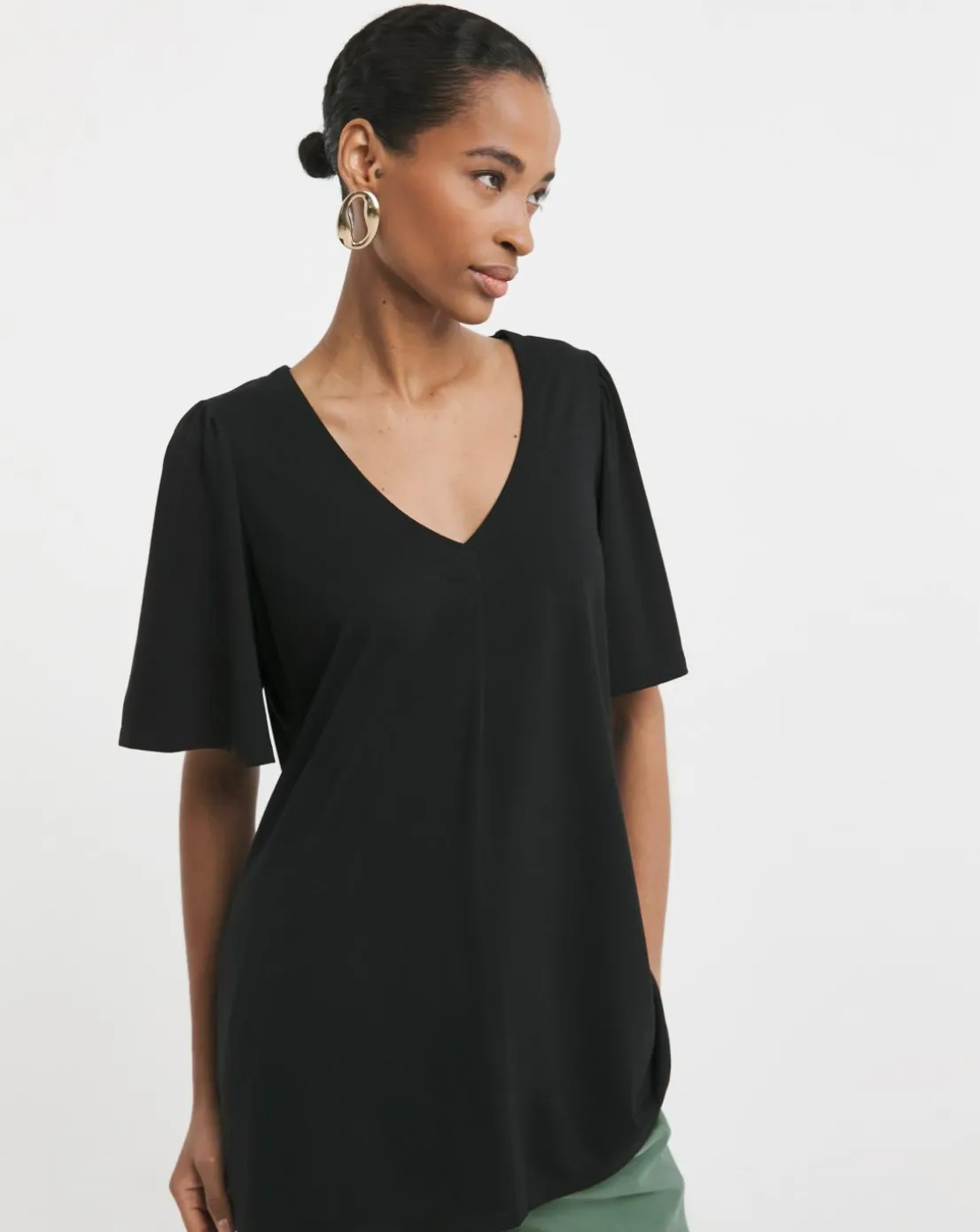 V neck Angel Sleeve Longline Top