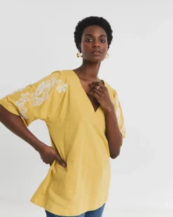 V Neck Embriodered Sleeve Top