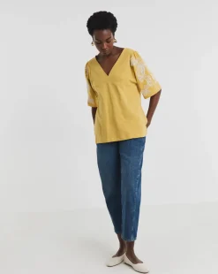 V Neck Embriodered Sleeve Top