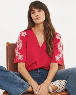 V Neck Embriodered Sleeve Top