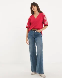 V Neck Embriodered Sleeve Top