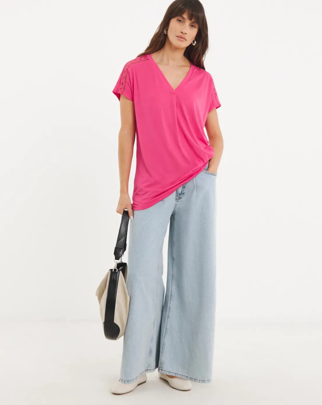 V Neck Grown on Sleeve Trim Insert Longline Top