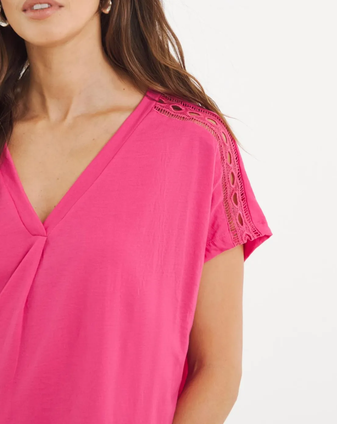 V Neck Grown on Sleeve Trim Insert Longline Top