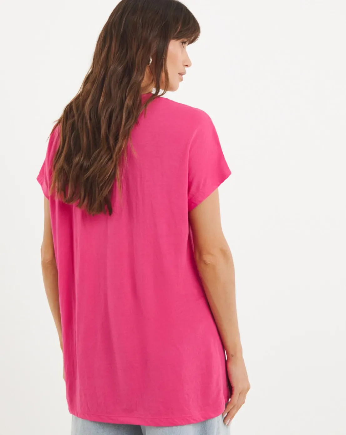 V Neck Grown on Sleeve Trim Insert Longline Top