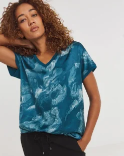 V Neck Printed Satin Front Longline Top