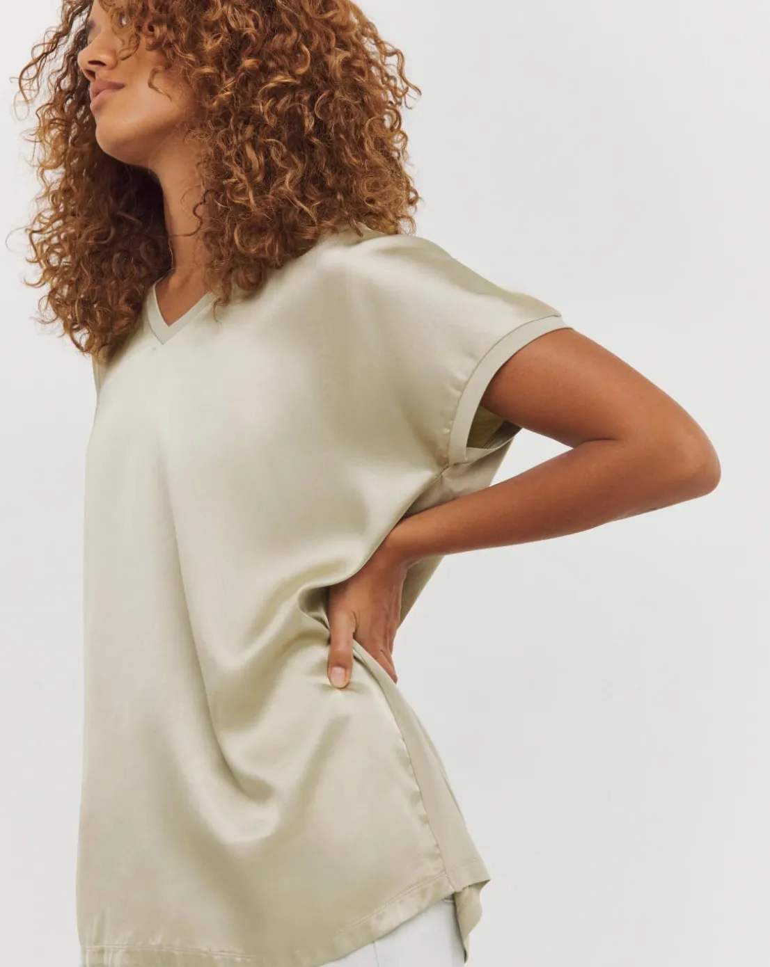 V Neck Satin Front Longline Top