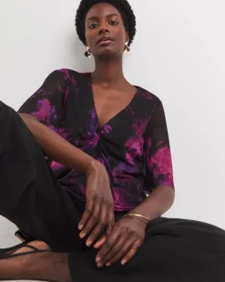 V Neck Short Sleeve Printed Mesh Top