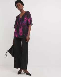 V Neck Short Sleeve Printed Mesh Top