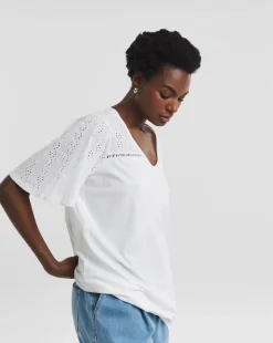 V-Neck Broderie Yoke and Sleeve Bubble Hem Top