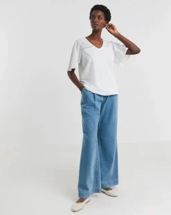 V-Neck Broderie Yoke and Sleeve Bubble Hem Top