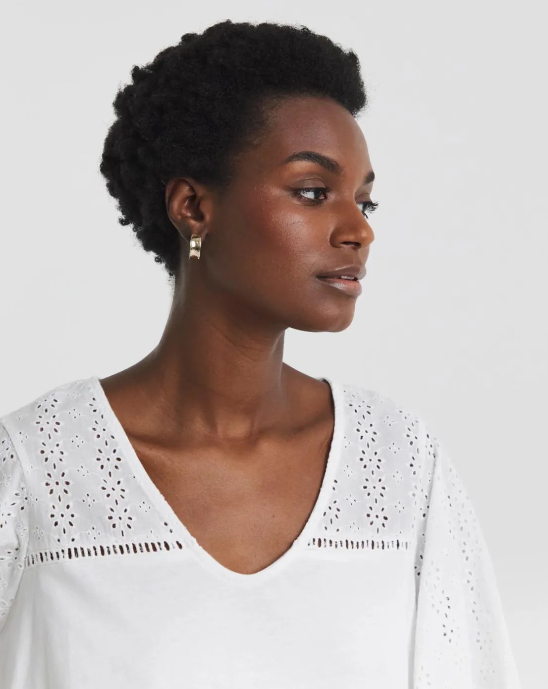 V-Neck Broderie Yoke and Sleeve Bubble Hem Top