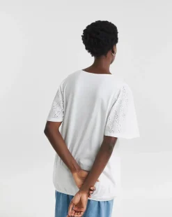 V-Neck Broderie Yoke and Sleeve Bubble Hem Top