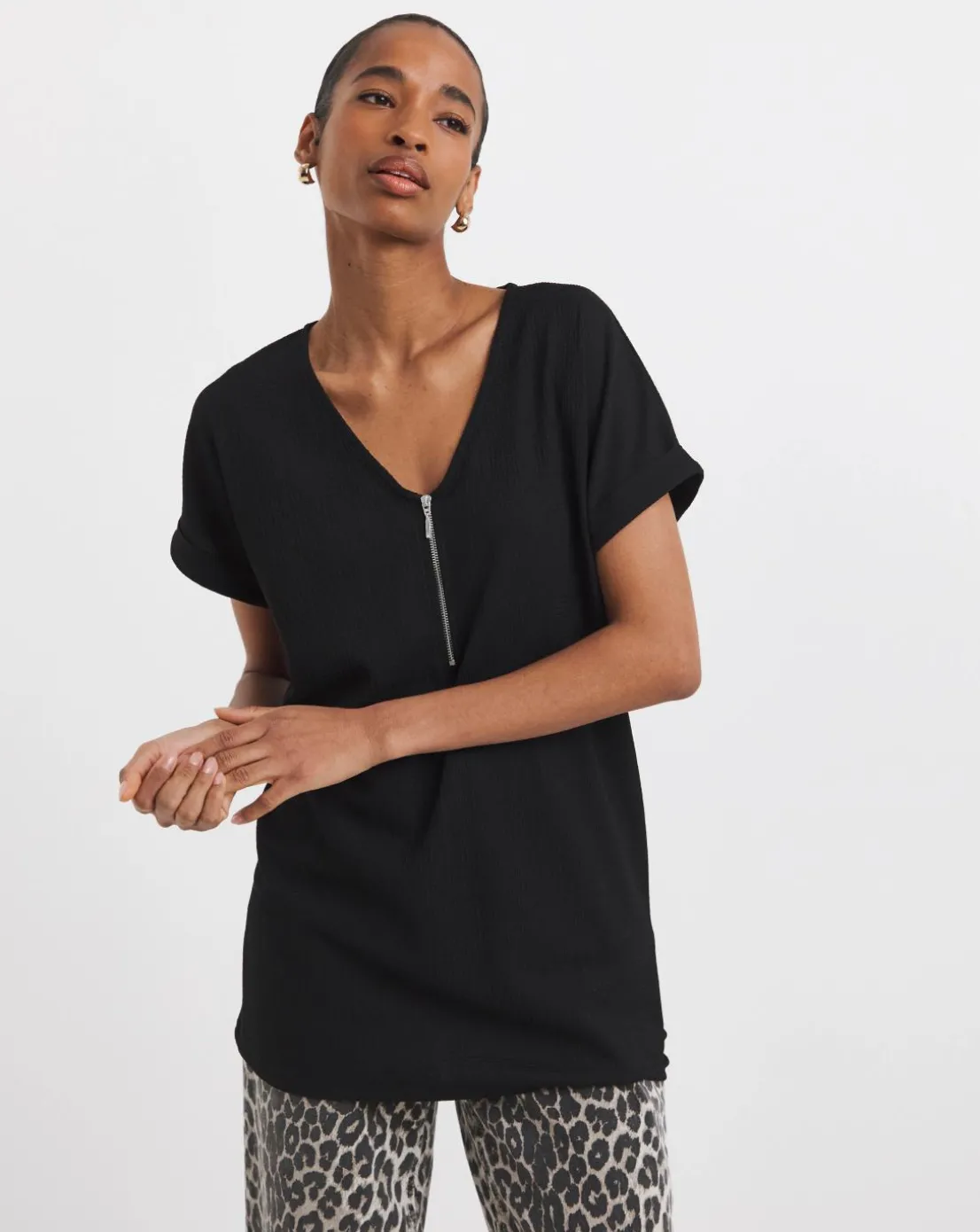 V-neck Zip Front Longline Top