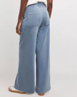 Washed Blue Cotton Mix Jersey Wide Leg Trouser