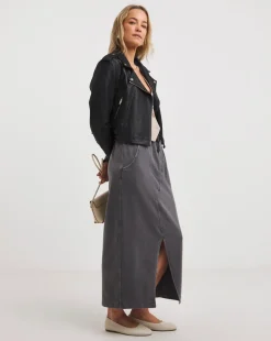 Washed Grey Cotton Mix Jersey Maxi Skirt