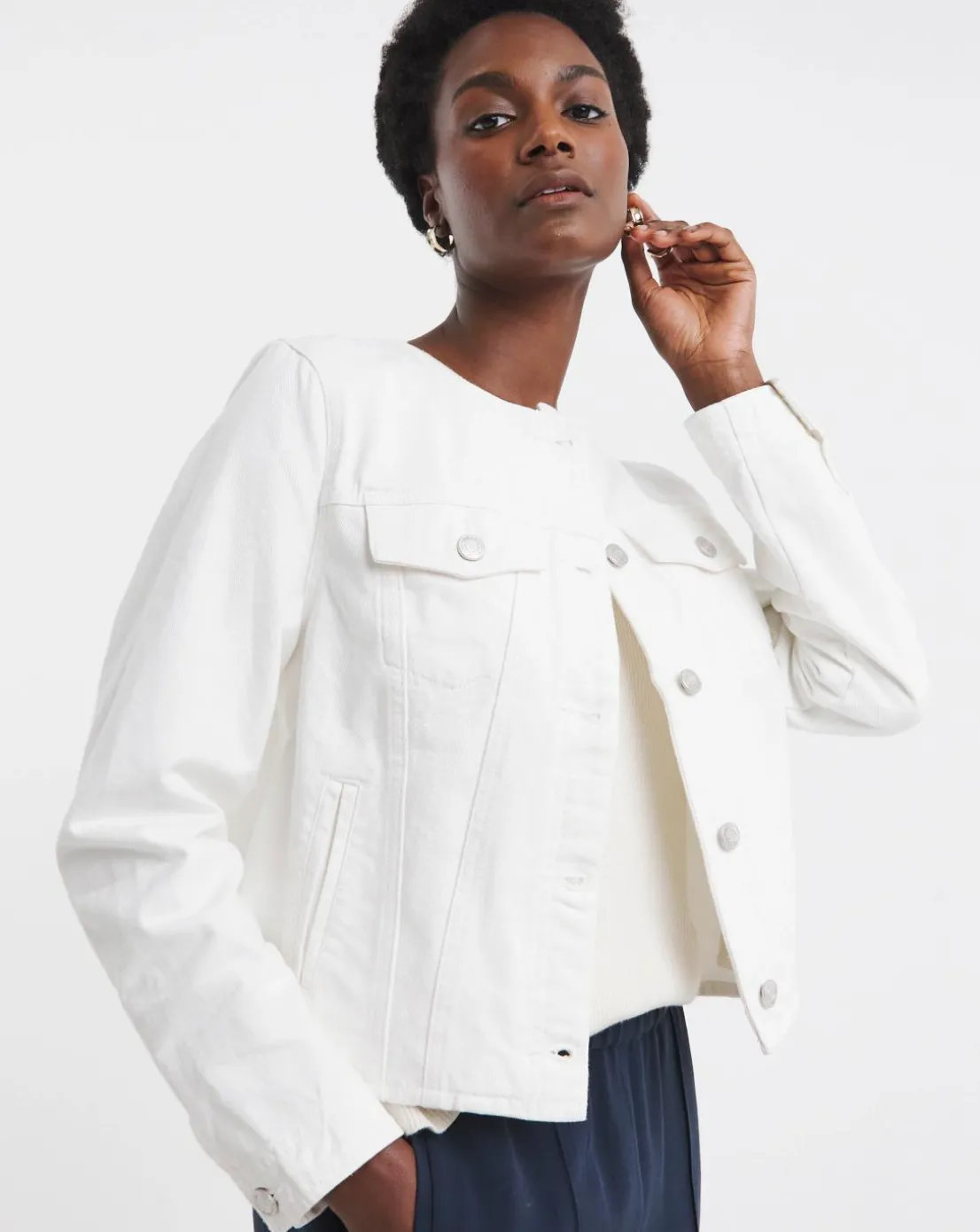 White Collarless Denim Jacket