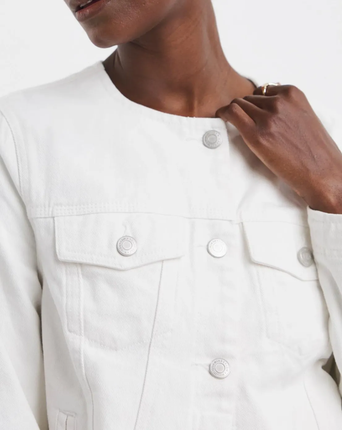 White Collarless Denim Jacket