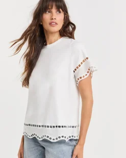 White Crew Neck Broderie T-Shirt