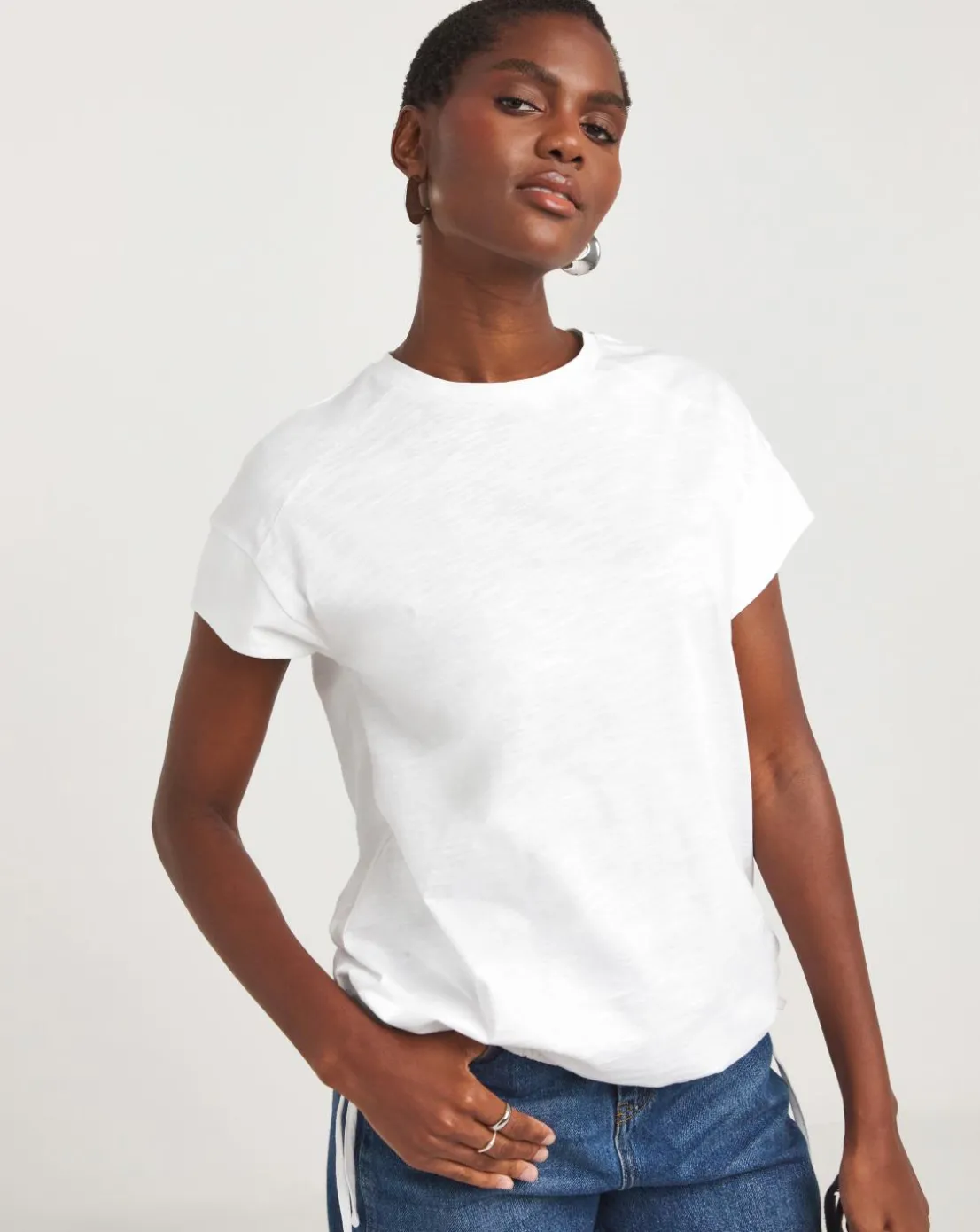 White Crew Neck Bubble Hem Top