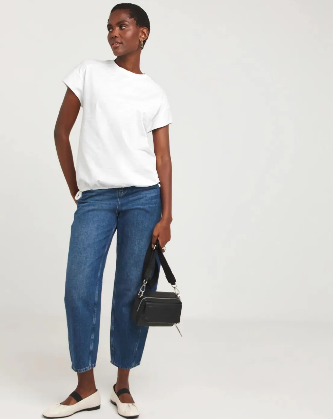 White Crew Neck Bubble Hem Top