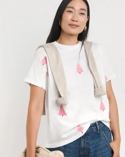 White Crew Neck Embroidered Christmas Tree T-shirt