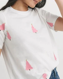 White Crew Neck Embroidered Christmas Tree T-shirt