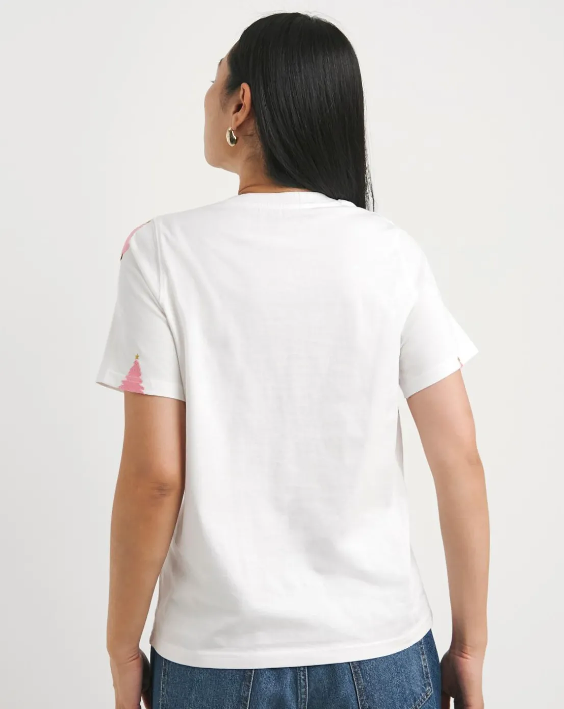 White Crew Neck Embroidered Christmas Tree T-shirt