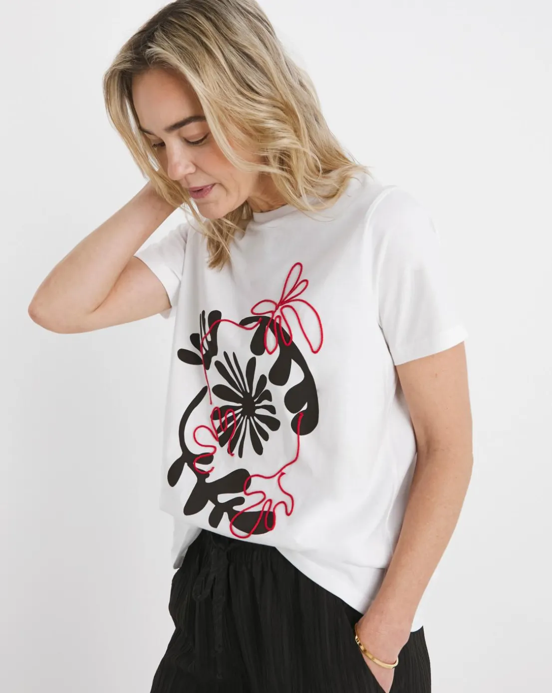 White Crew Neck Embroidered Placement T-Shirt