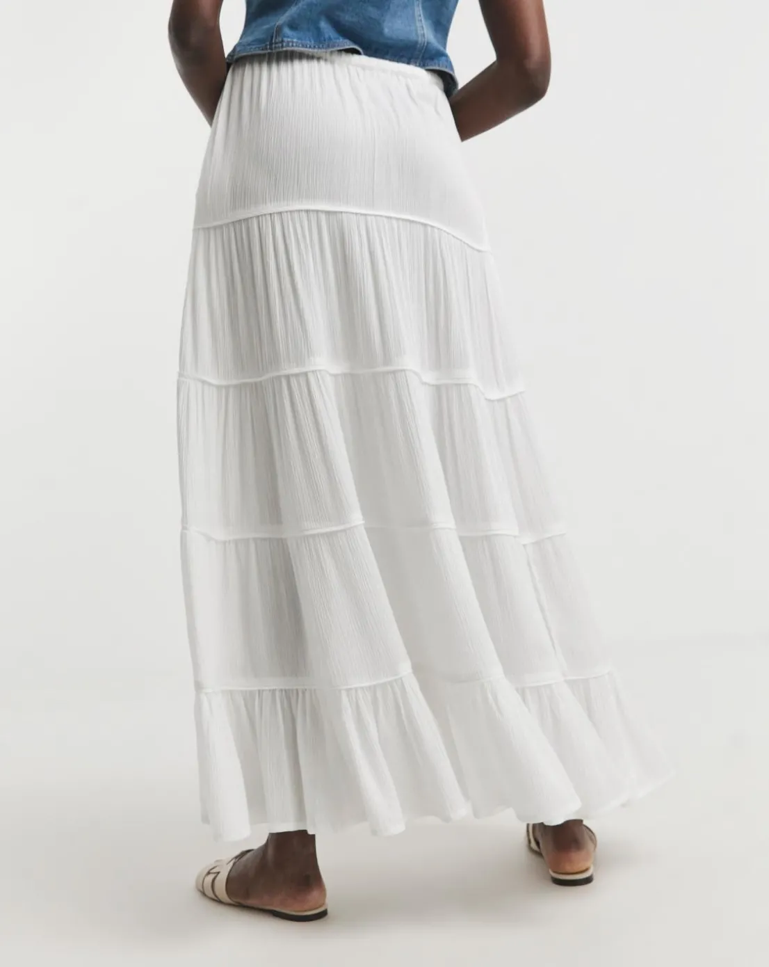 White Crinkle Tiered Maxi Skirt