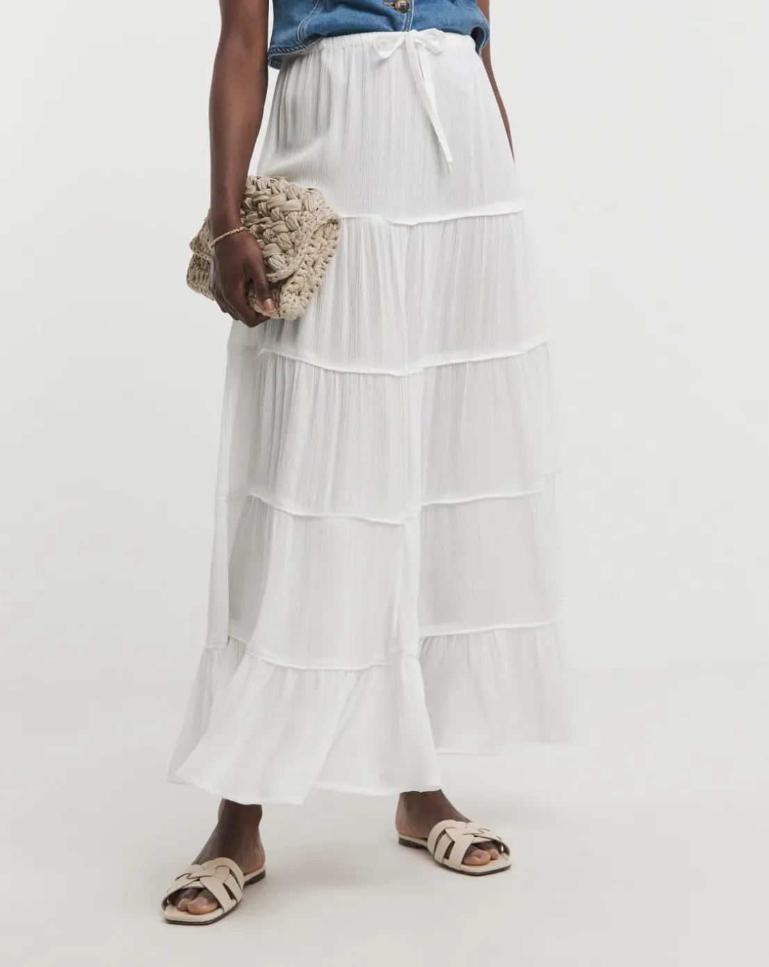 White Crinkle Tiered Maxi Skirt
