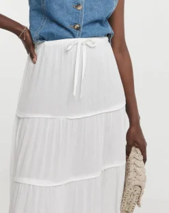 White Crinkle Tiered Maxi Skirt
