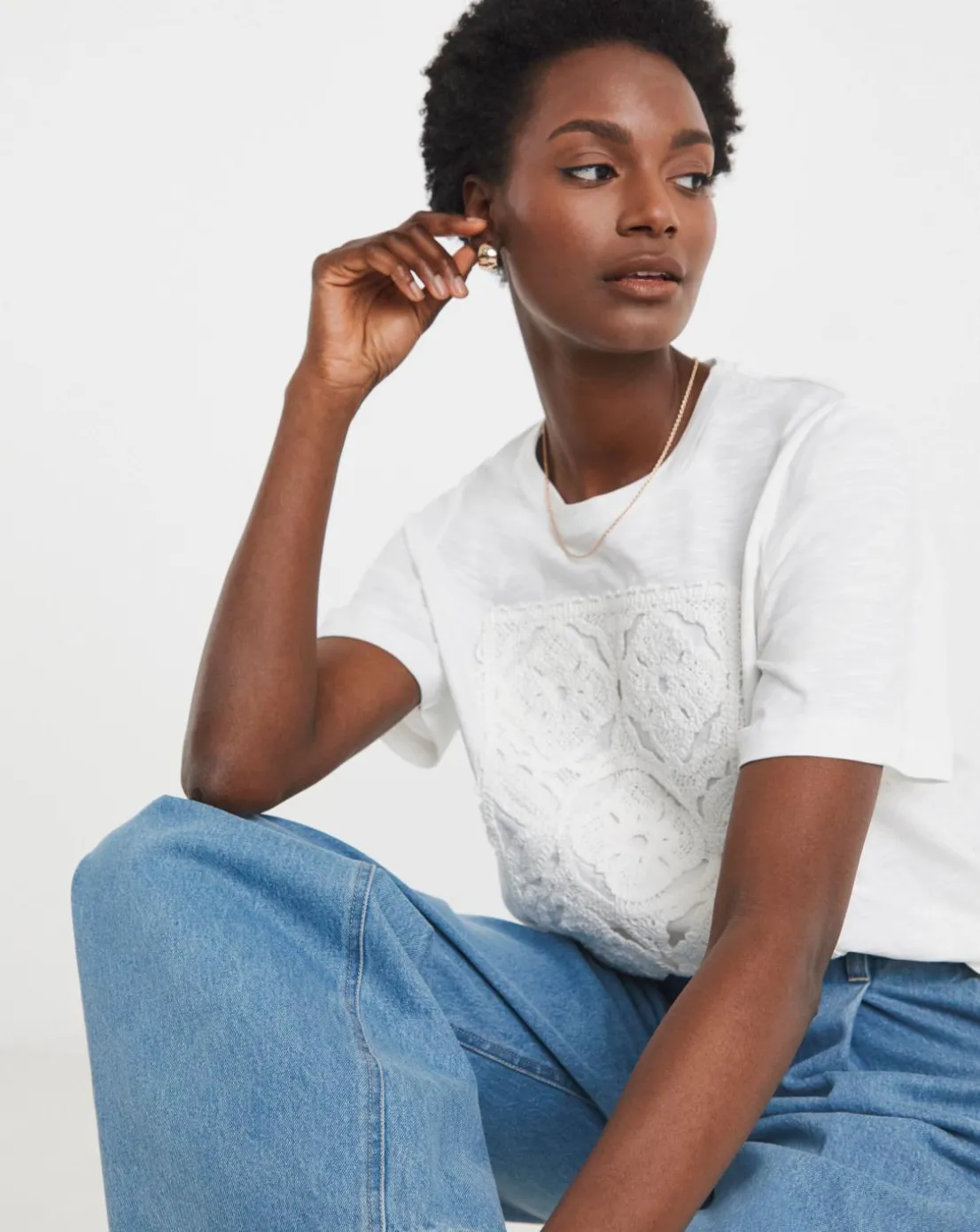 White Crochet Placement T-shirt